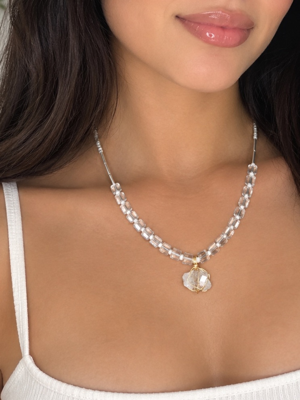 Clear Beaded Necklace with  clear Quartz - Women Jewelry